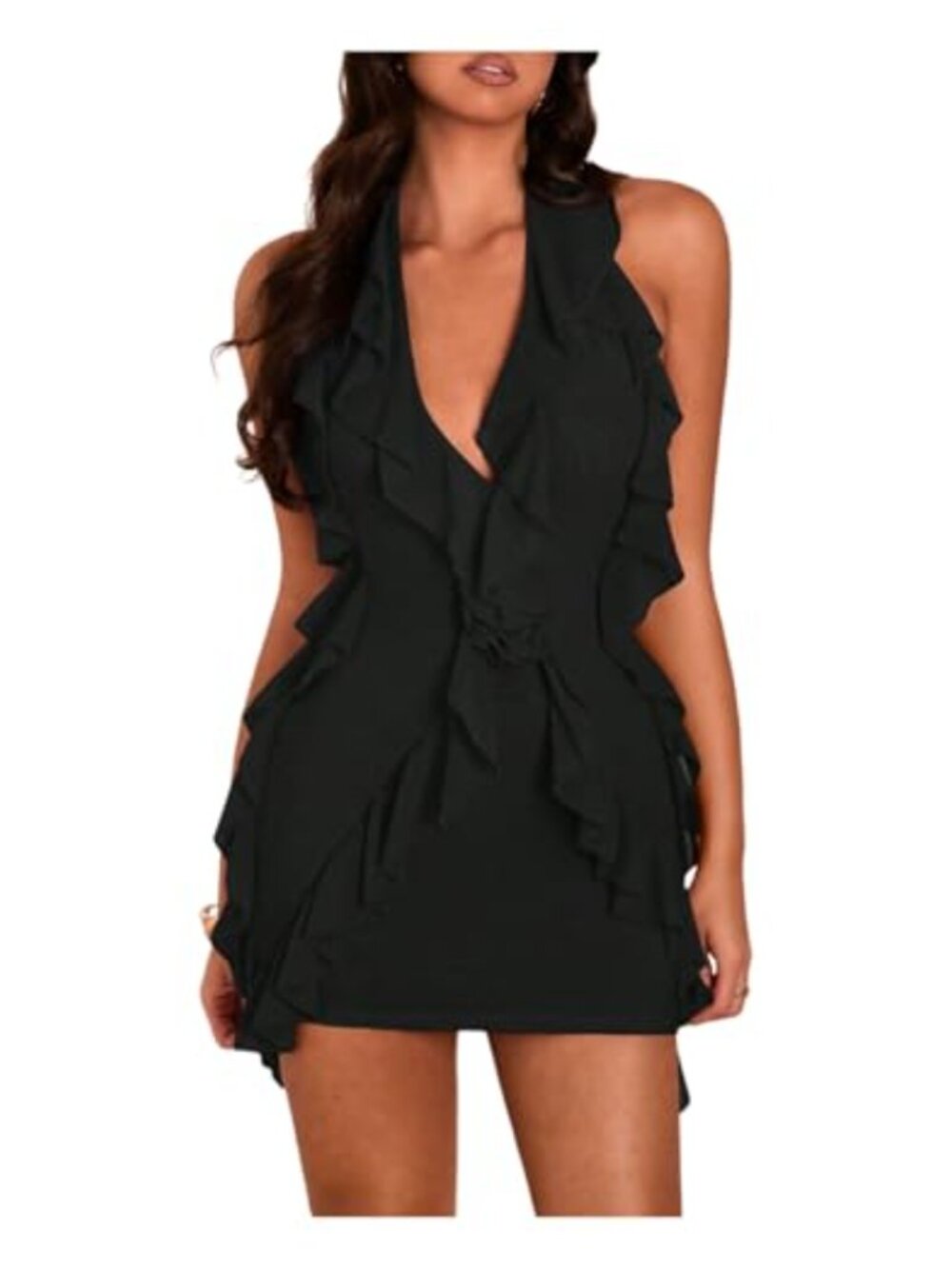Women's Halter Neck Bodycon Mini Dress Backless Ruffle Trim Party Dress